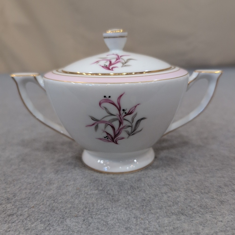 Mikado China Desiree Sugar Bowl with Lid Pink Grey Floral Gold Trim Japan